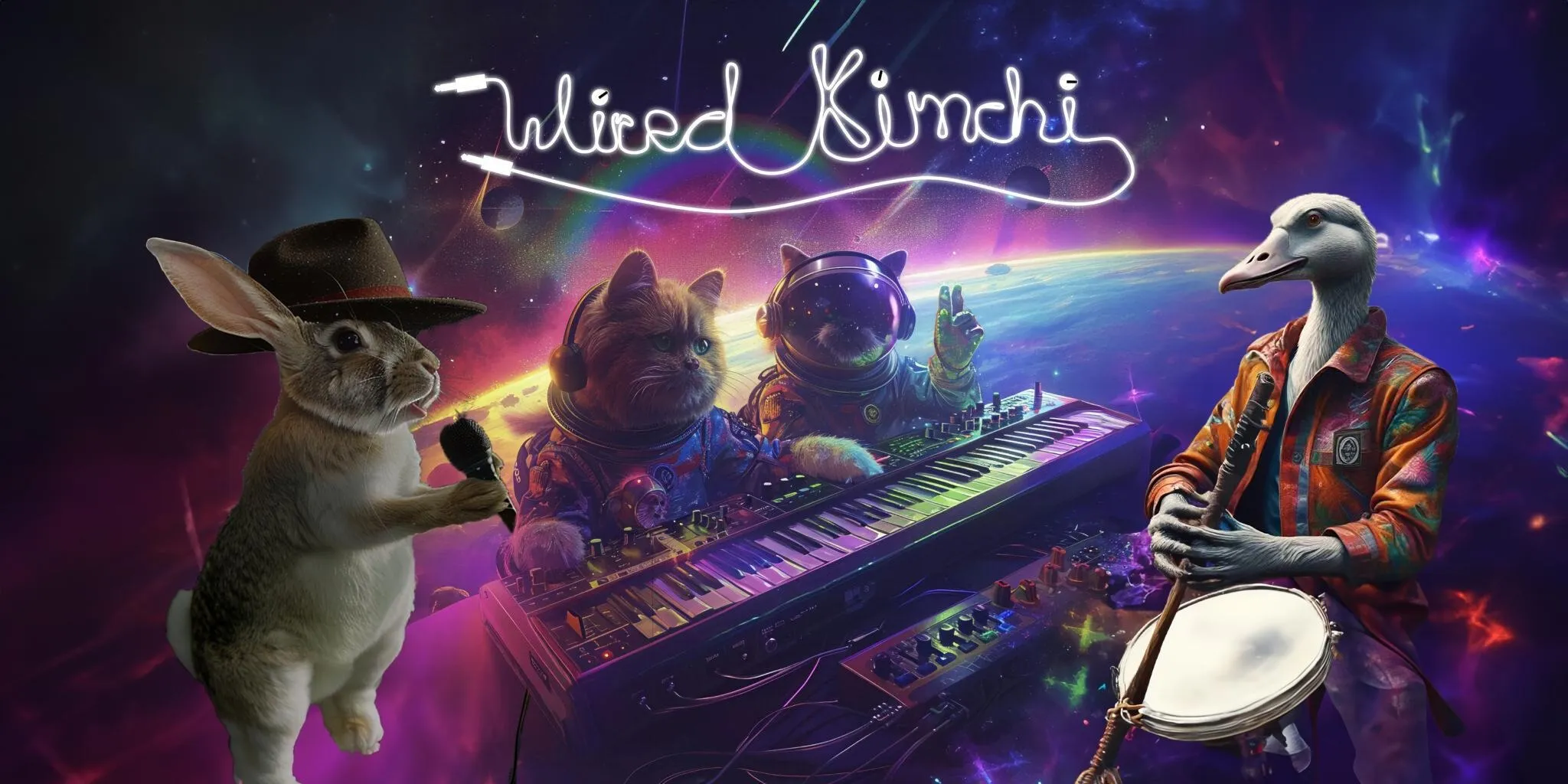 Wired Kimchi artwork: a rabbit, cats and a goose playing synths and drums in space